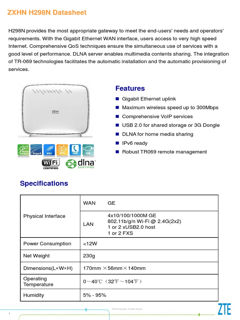 ZXHN H298N Broadband Access CPE Datasheet | PDF