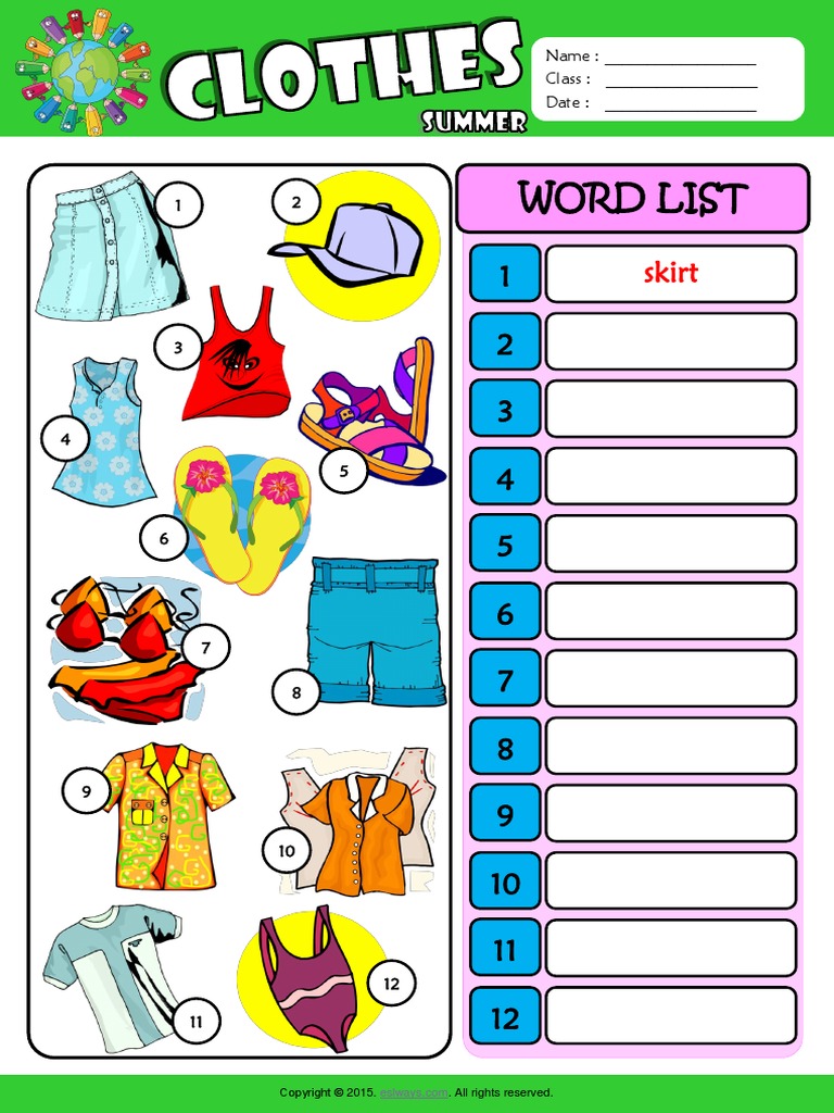 summer clothes esl vocabulary write the words worksheet for kids pdf