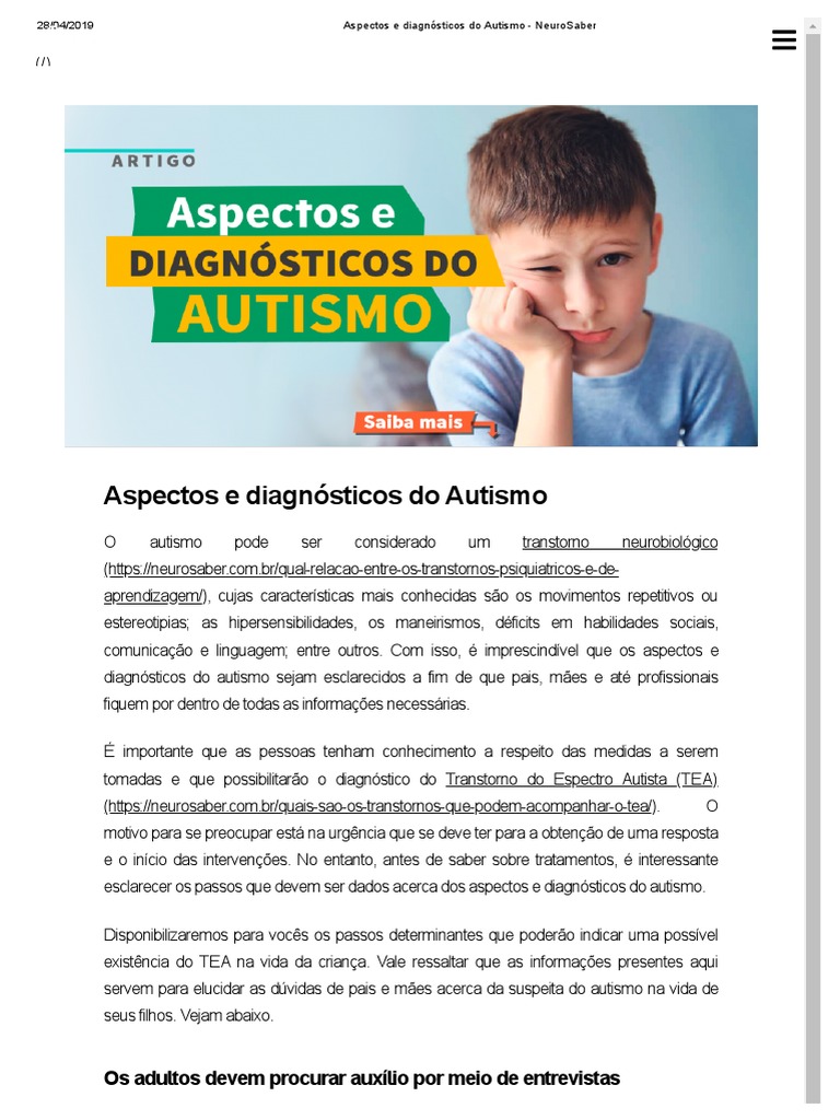 Diagnóstico e Aspectos do Autismo | PDF | Autismo | Psicologia