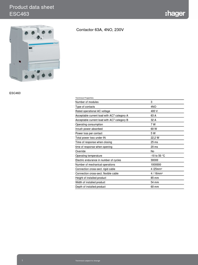 Contactor 63A, 4NO, 230V: Technical Properties | PDF