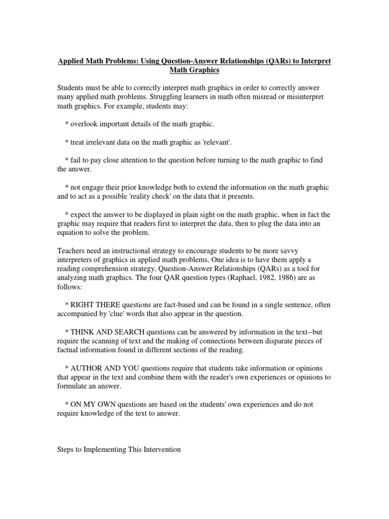 Applied Math Problems: Using Question-Answer Relationships (Qars) To ...
