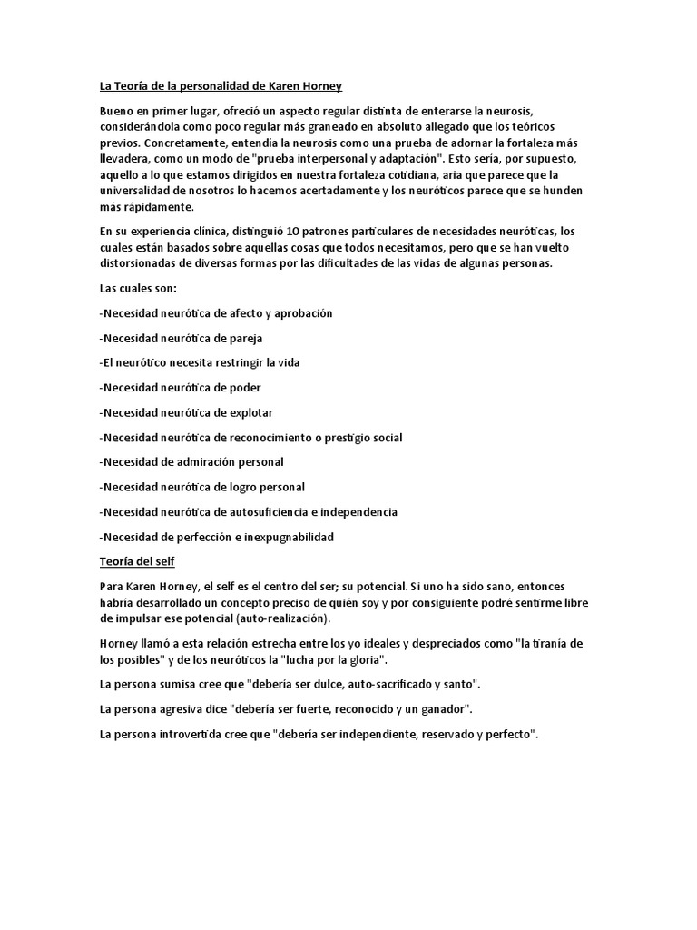 La Teoría de La Personalidad de Karen Horney 1!! | PDF