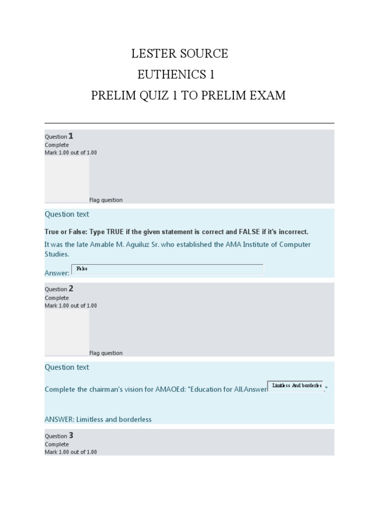 Questions Prelim Exam 2 - Question 1 Correct Mark 1 out of 1. Flag