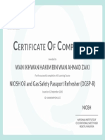 Ertificate F Ompletion: Wan Ikhwan Hakim Bin Wan Ahmad Zaki NIOSH Oil and Gas Safety Passport Refresher (OGSP-R)