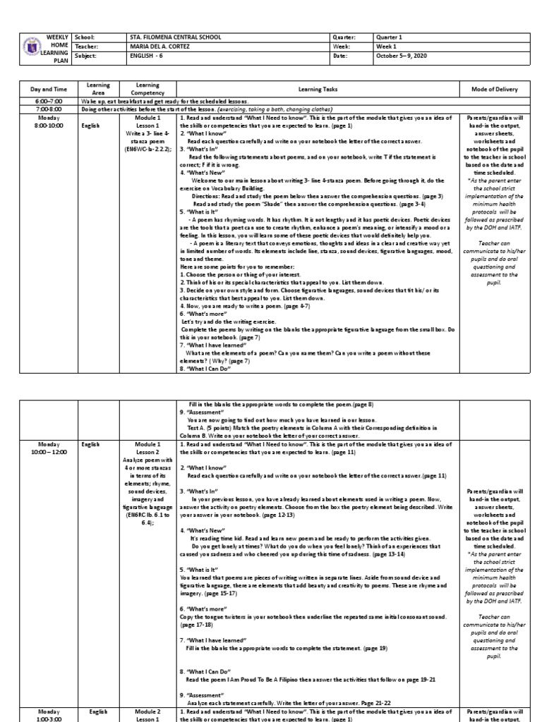 Weekly English Learning Plan for Grade 6 | PDF | Poetic Devices | Poetry