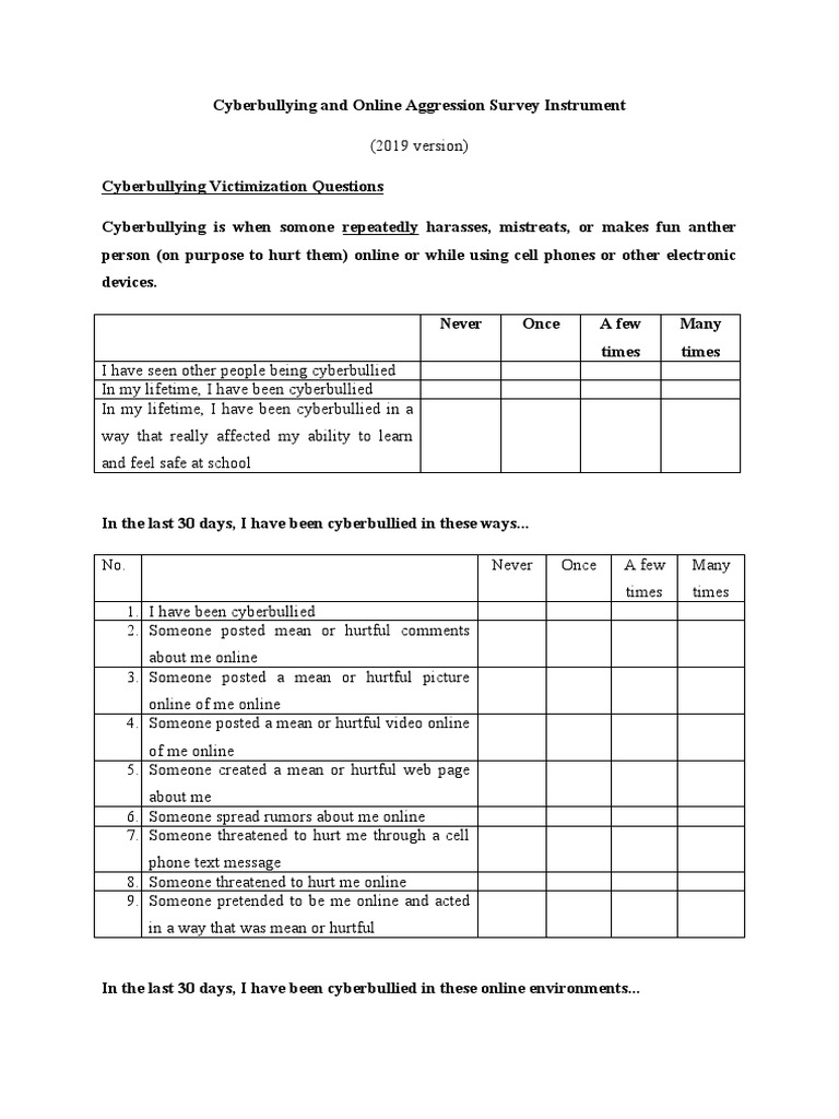 Cyberbullying and Online Aggression Survey Instrument | PDF ...