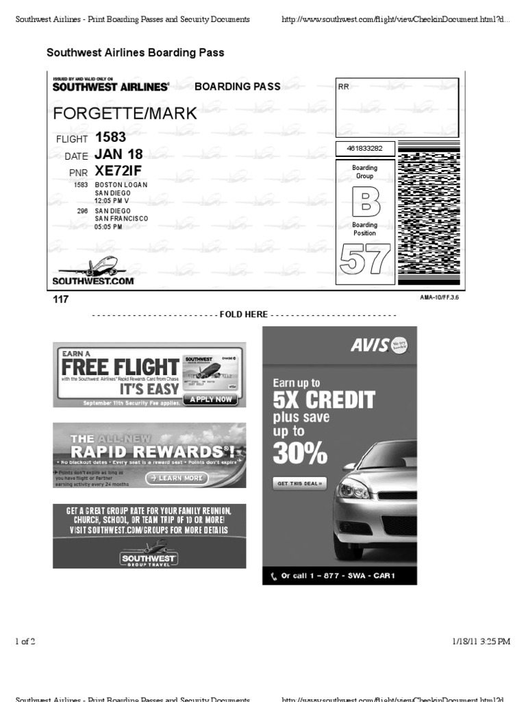 Southwest Airlines Print Boarding Passes and Security Documents PDF San Francisco