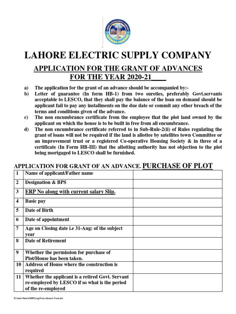 Application for Grant of Advance for Purchase of Residential Plot | PDF ...