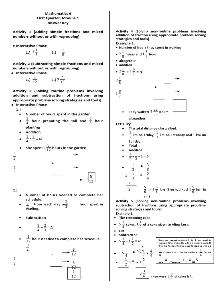Math 6 Q1M1 Module 1 Answer Key | PDF | Fraction (Mathematics ...