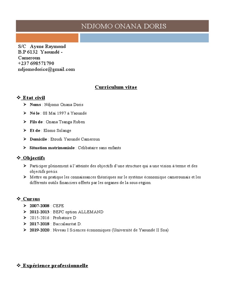 CV de Ndjomo Onana Doris - Compétences et Objectifs | PDF