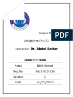 Assignment No. 01 Instructor: Dr. Abdul Sattar: Student Details