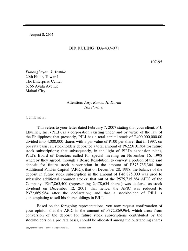 BIR Ruling (DA-433-07) - APIC As Dividends | PDF | Capital Gains Tax ...