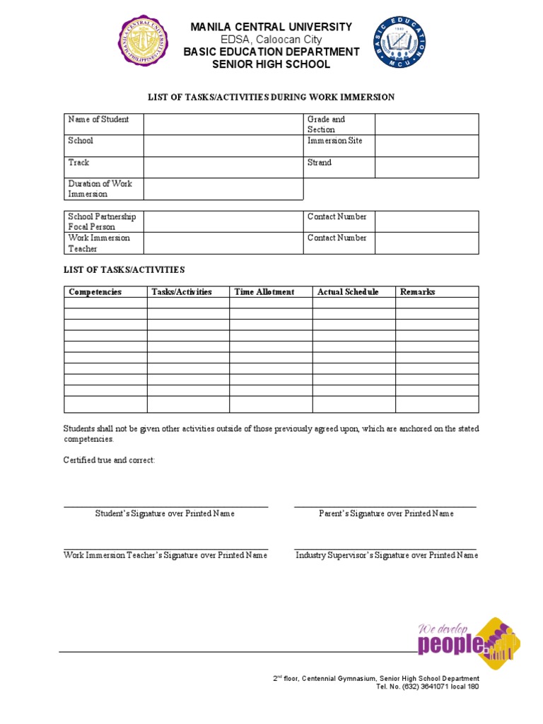Senior High School Work Immersion Tasks | PDF | Career & Growth
