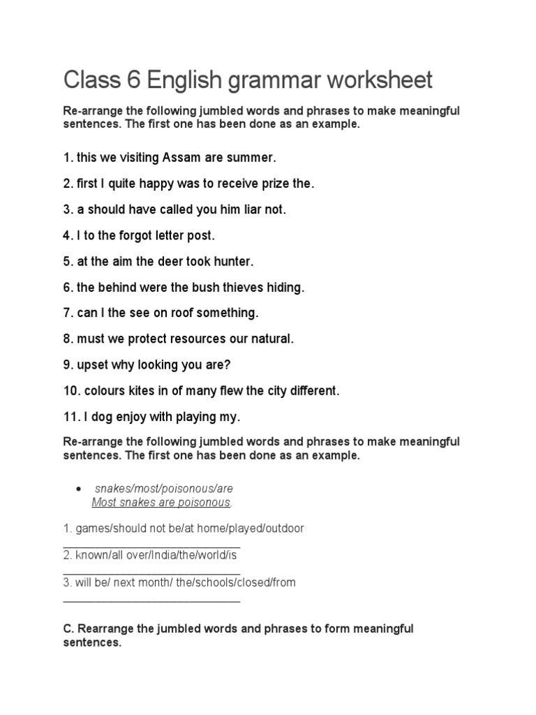 Class 6 Jumbled Grammar Worksheet Pdf