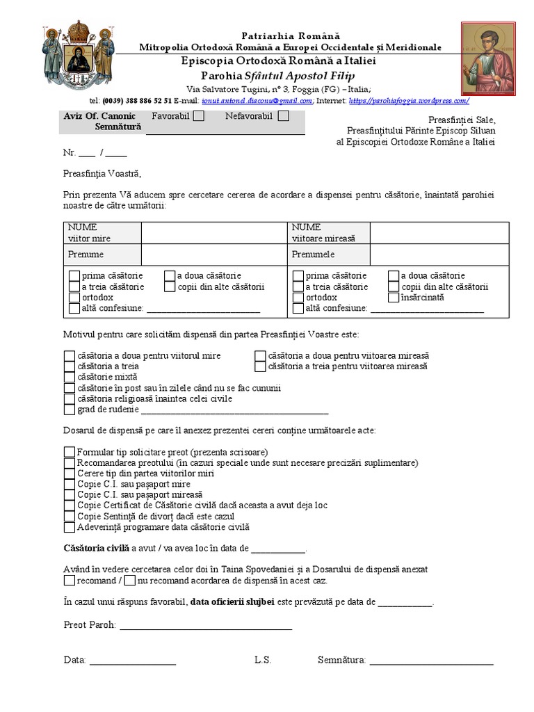 Model - Solicitare Dispensa Cununie - Preot - Cu Antet | PDF