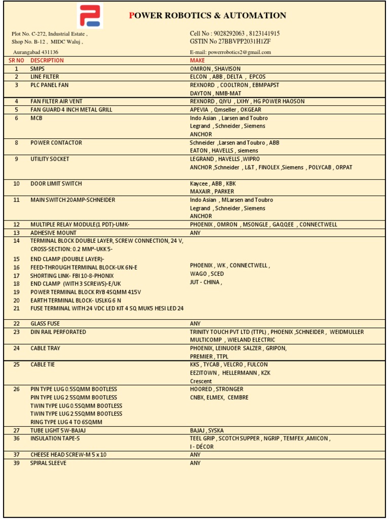 Material List PDF PDF Electrical Equipment