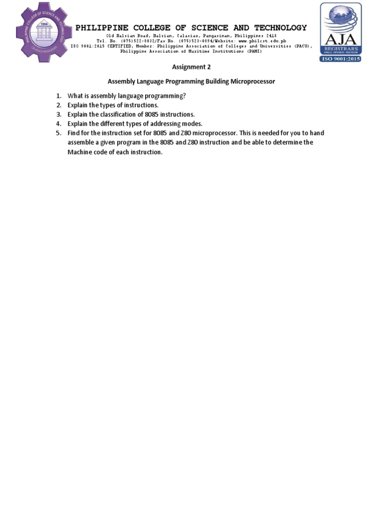 Philippine College of Science and Technology: Assignment 2 Assembly ...