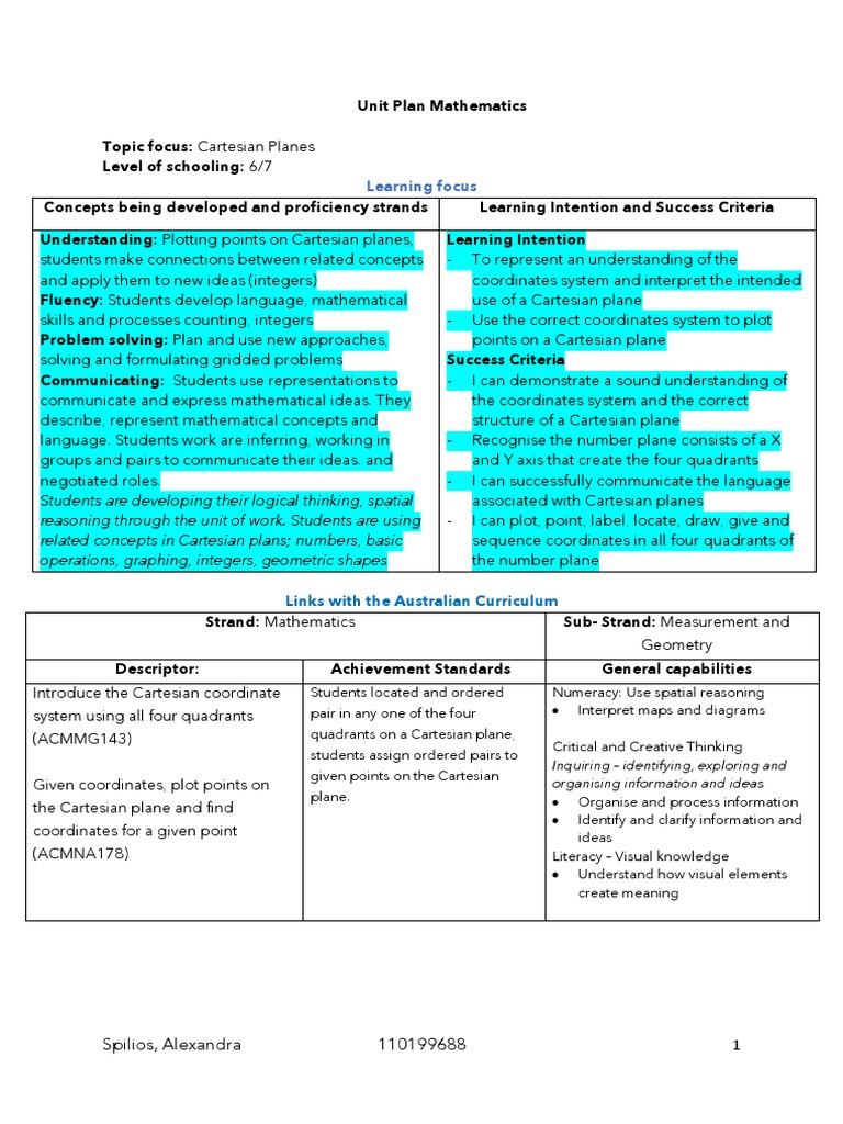 Year 6 Cartesian Plane Unit Plan | PDF | Cartesian Coordinate System ...