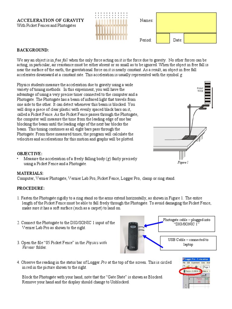 Lesson 3.5.3 Picket Fence Lab PDF Gravity Acceleration