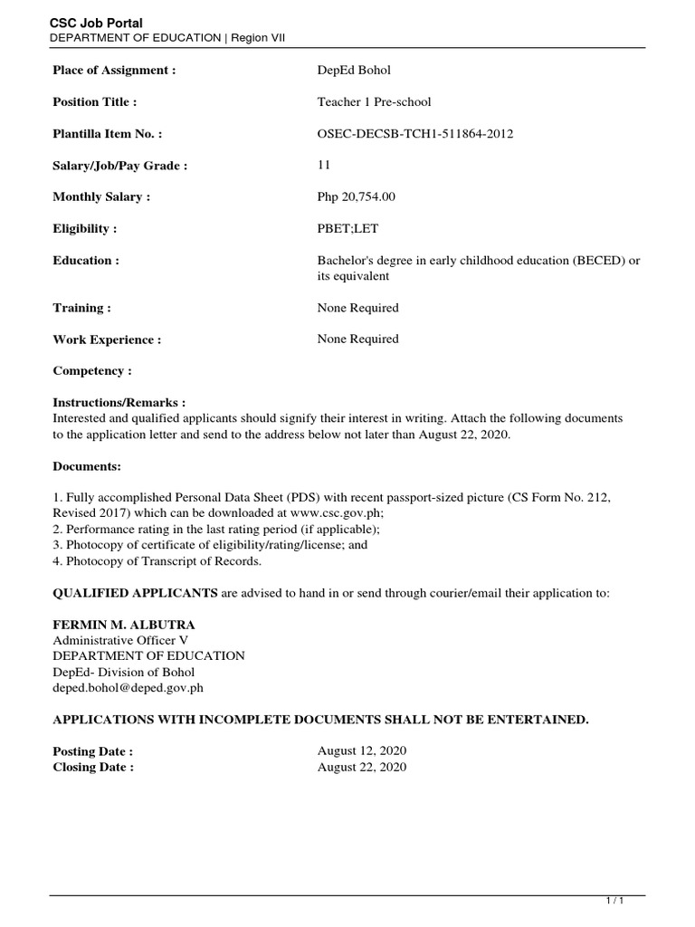 Teacher 1 Pre-school Job Opening in Bohol | PDF | Behavior Modification ...