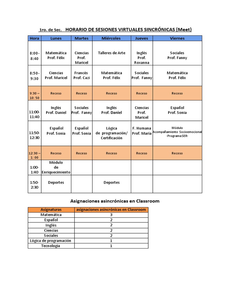Horario de Clases 1ro de Secundaria | PDF