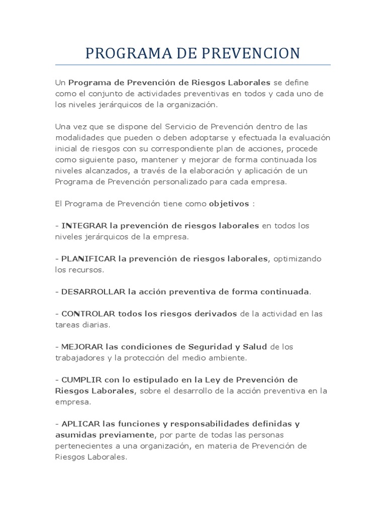Programa de Prevención de Riesgos Laborales | PDF | Calidad (comercial ...