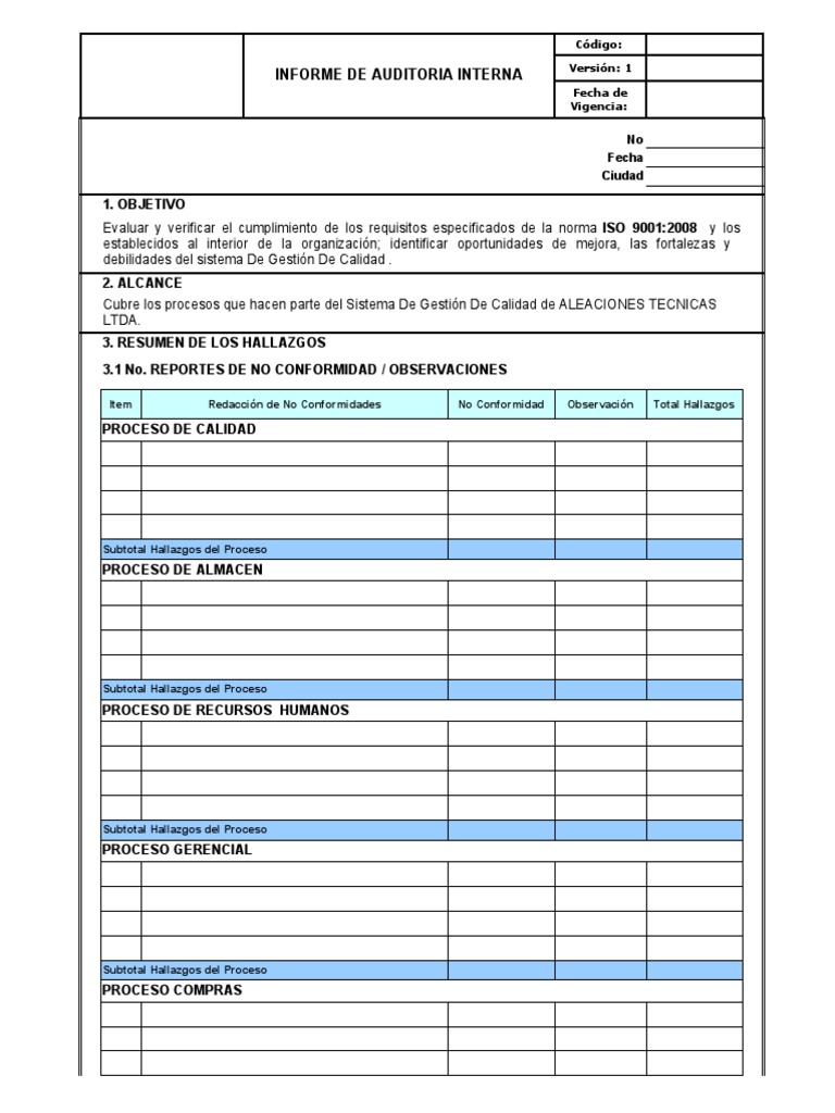 Informe de Auditoría Interna ISO 9001 | PDF | Sistema de manejo de ...