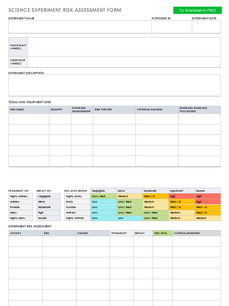 Science Experiment Risk Assessment Form Experiment Name Authored by Experiment Date PDF