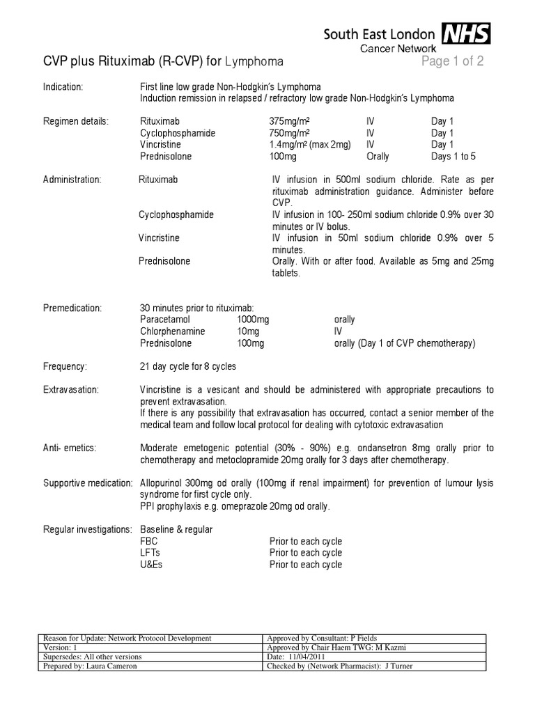 CVP Plus Rituximab (R-CVP) For Lymphoma: Page 1 of 2 | PDF ...