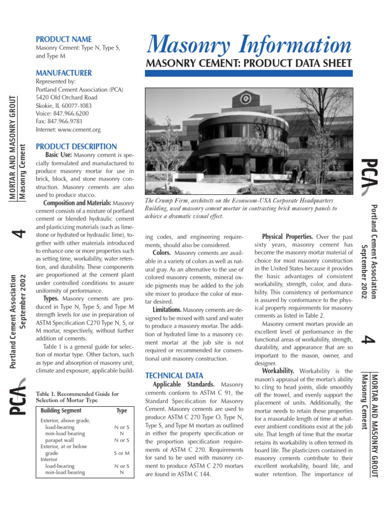 Masonry Information Masonry Cement Product Data Sheet PDF Mortar