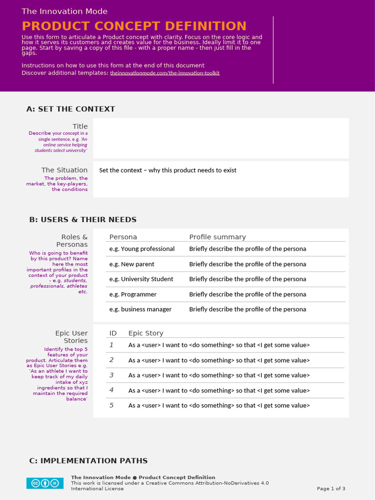 Product Concept Definition Template | PDF | Innovation | Career & Growth
