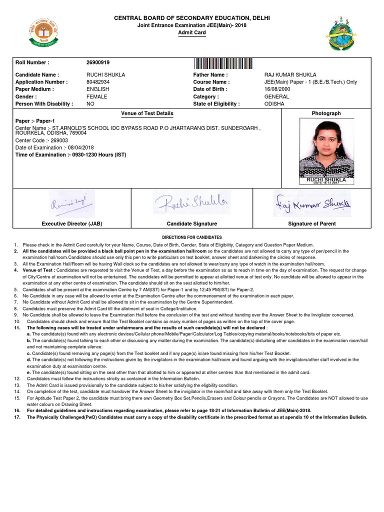 JEE Main 2018 Admit Card Instructions | PDF