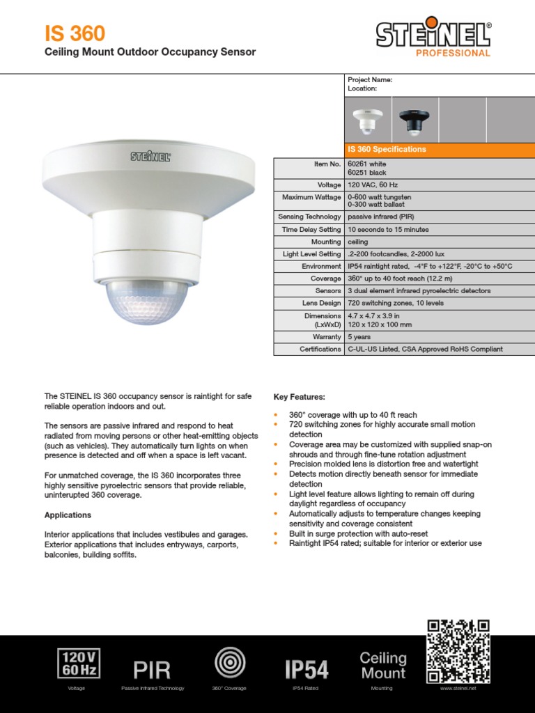 Ceiling Mount Outdoor Occupancy Sensor IS 360 Specifications PDF