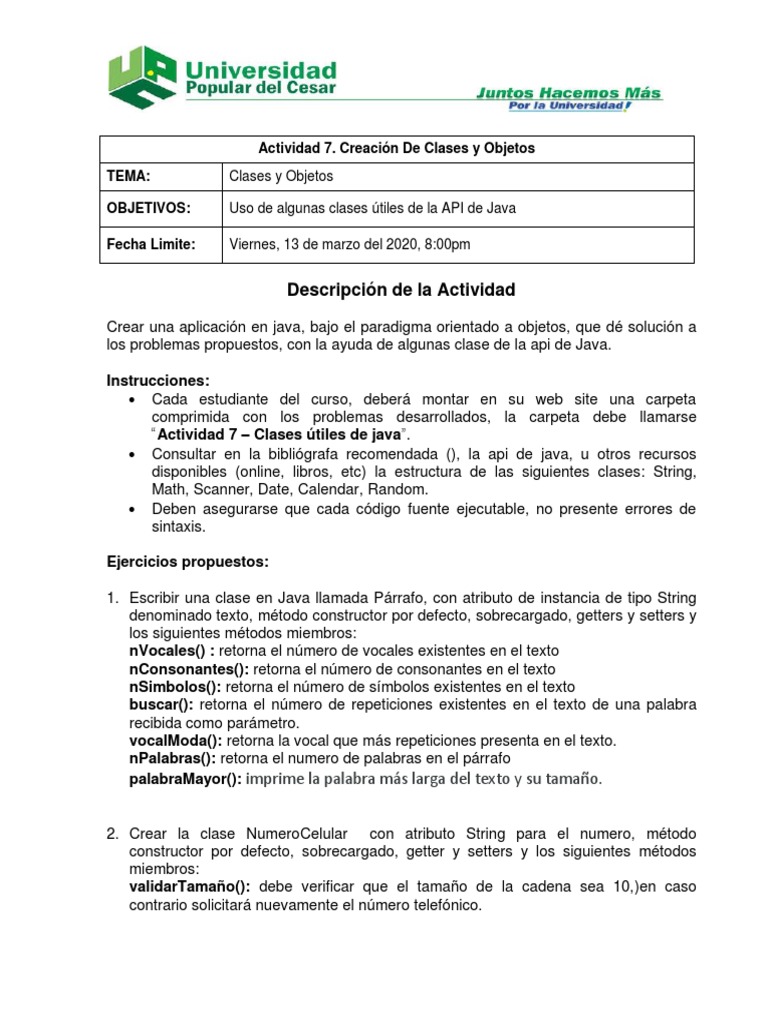 Actividad Java: Clases y Objetos | PDF | Java (lenguaje de programación ...