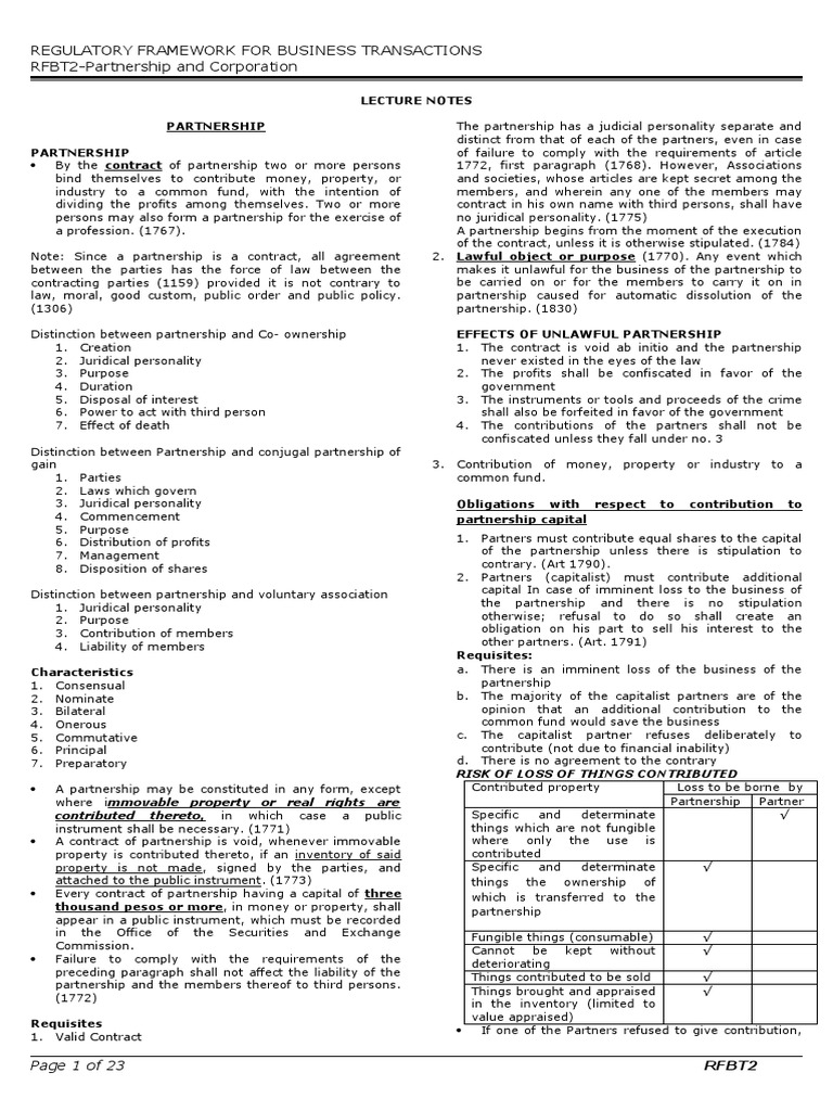 Lecture Notes Atty Ong | PDF | General Partnership | Partnership