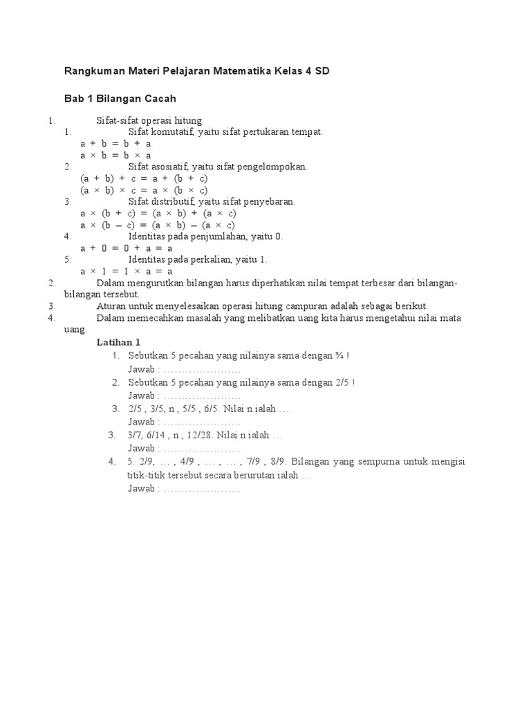 Rangkuman Materi Pelajaran Matematika Kelas 4 SD | PDF | Metode & Bahan ...