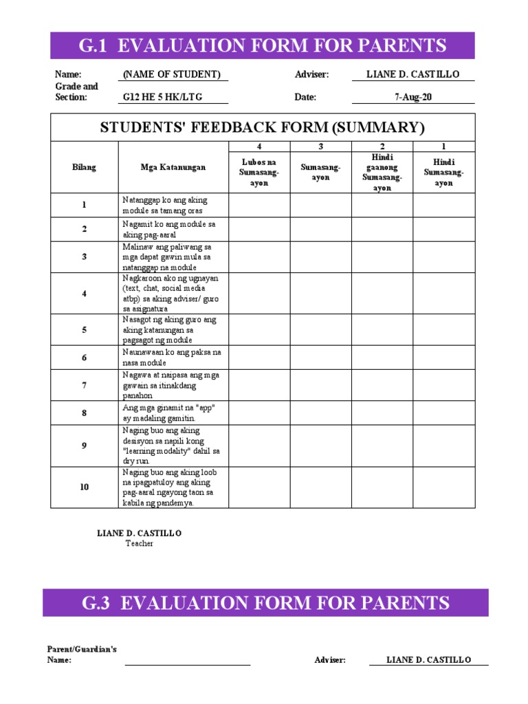 Feedback Form Parent and Student | PDF