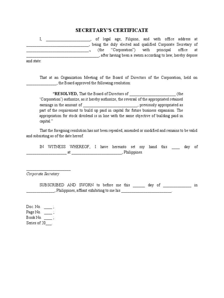 Secretary Certificate Reversal of Appropriated Retained Earnings | PDF