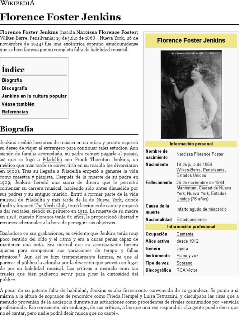 Florence Foster Jenkins Wikipedia La Enciclopedia Libre Entretenimiento General