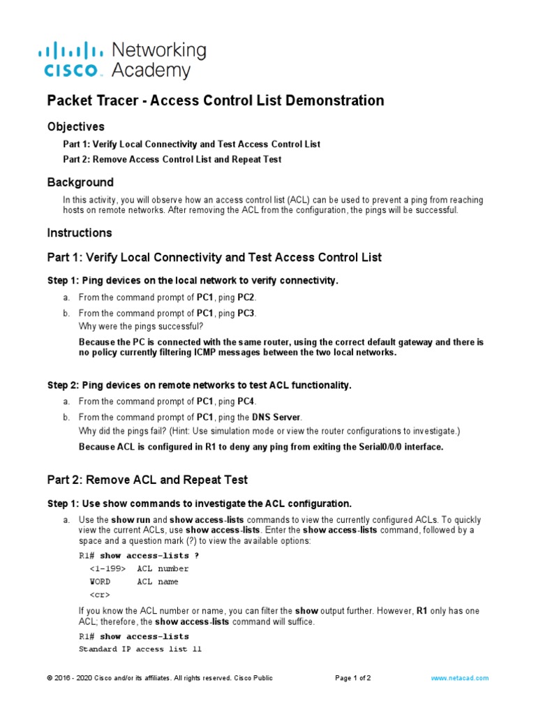 ACL Demonstration in Packet Tracer | PDF | Internet Protocols | Router ...