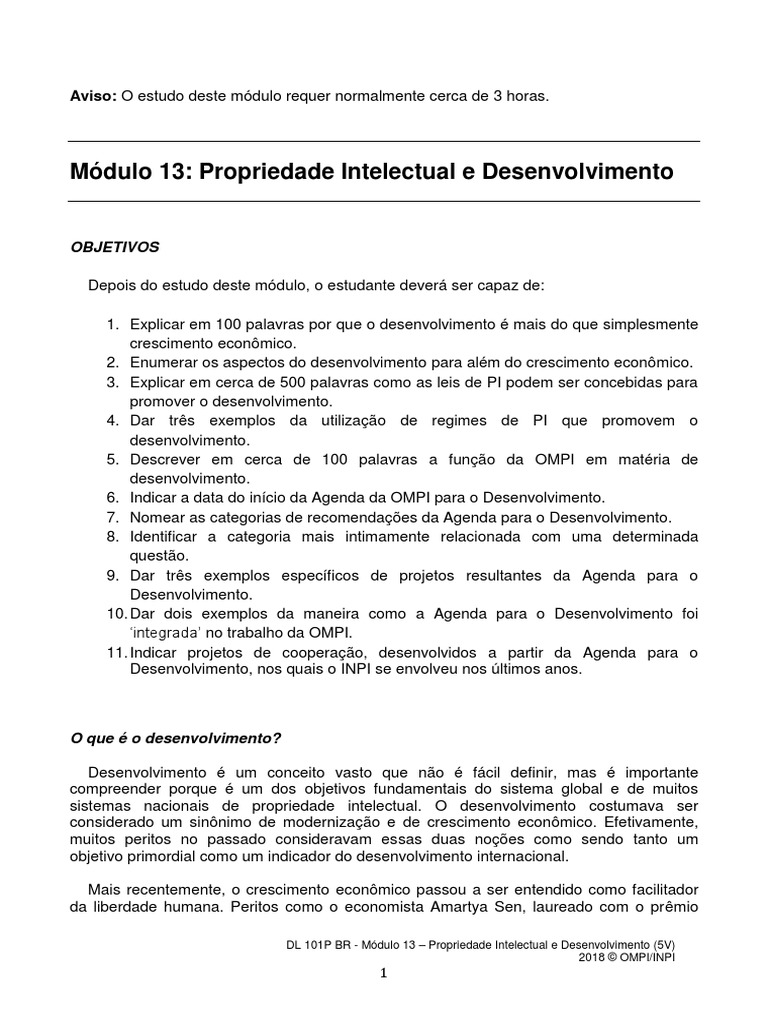 Módulo 13. Propriedade Intelectual e Desenvolvimento - 2018 - 5v PDF ...