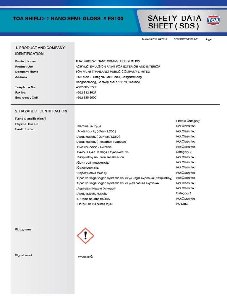 TOA Shield-1 Safety Data Sheet | PDF | Dangerous Goods | Toxicity