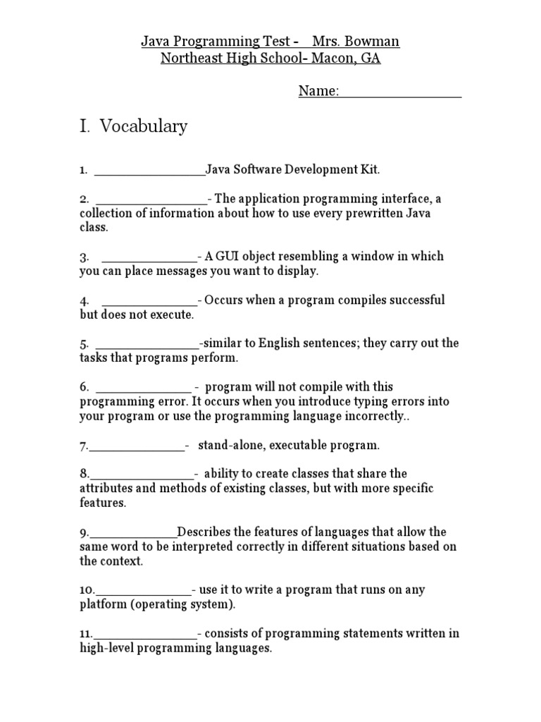 Java Programming Test Vocabulary and Concepts | PDF | Java (Programming ...
