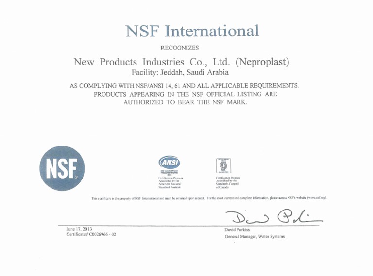NSF 14 & 61 Certificate PDF PDF Economy And The Environment Safety