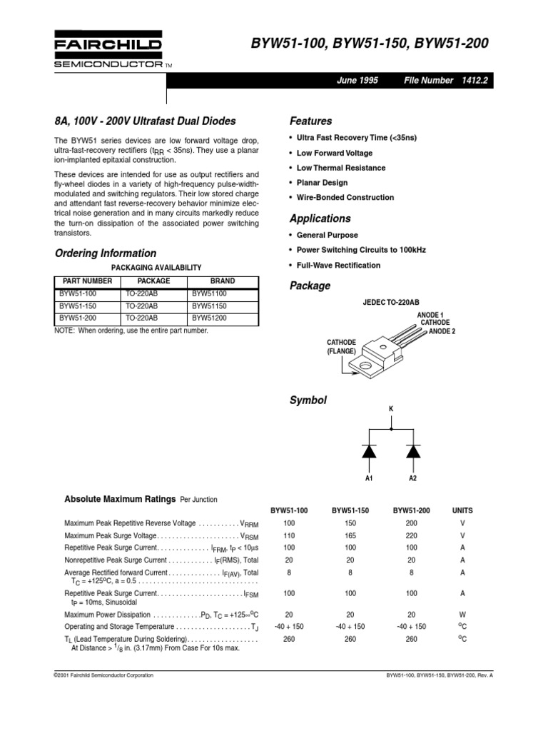 BYW51-100, BYW51-150, BYW51-200: 8A, 100V - 200V Ultrafast Dual Diodes ...