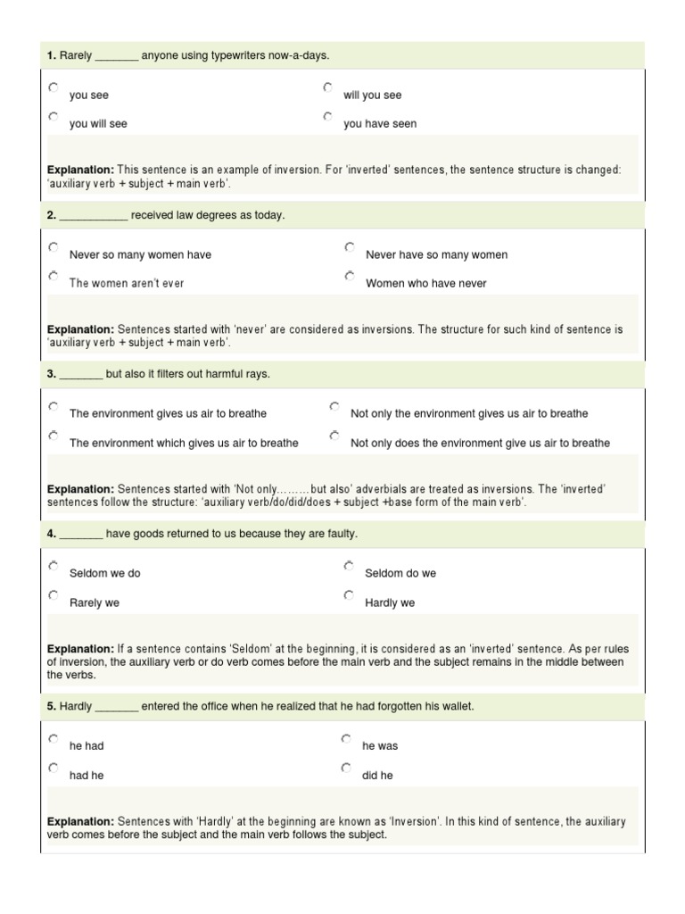 Inversions Complete Exercise LE PEG PDF Sentence (Linguistics
