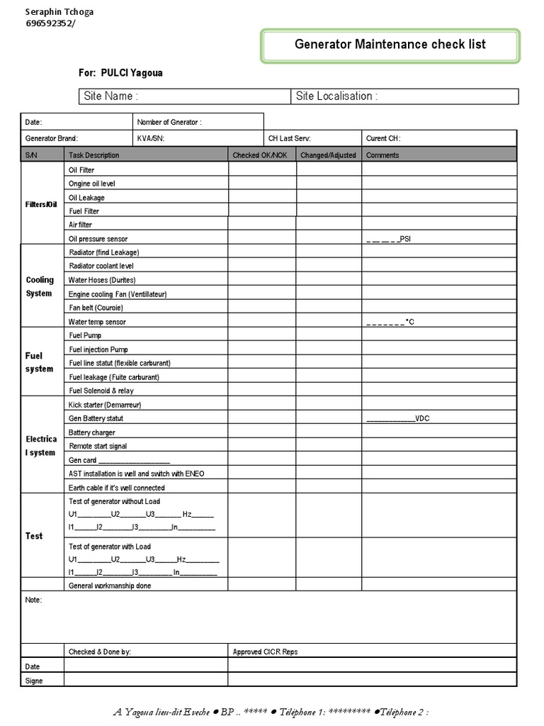 Site Name: Site Localisation:: Generator Maintenance Check List | PDF