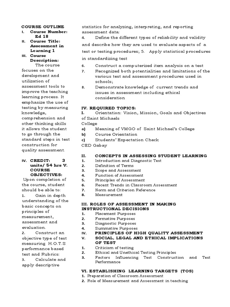 Assessment in Learning 1 Course Outline | PDF | Educational Assessment ...