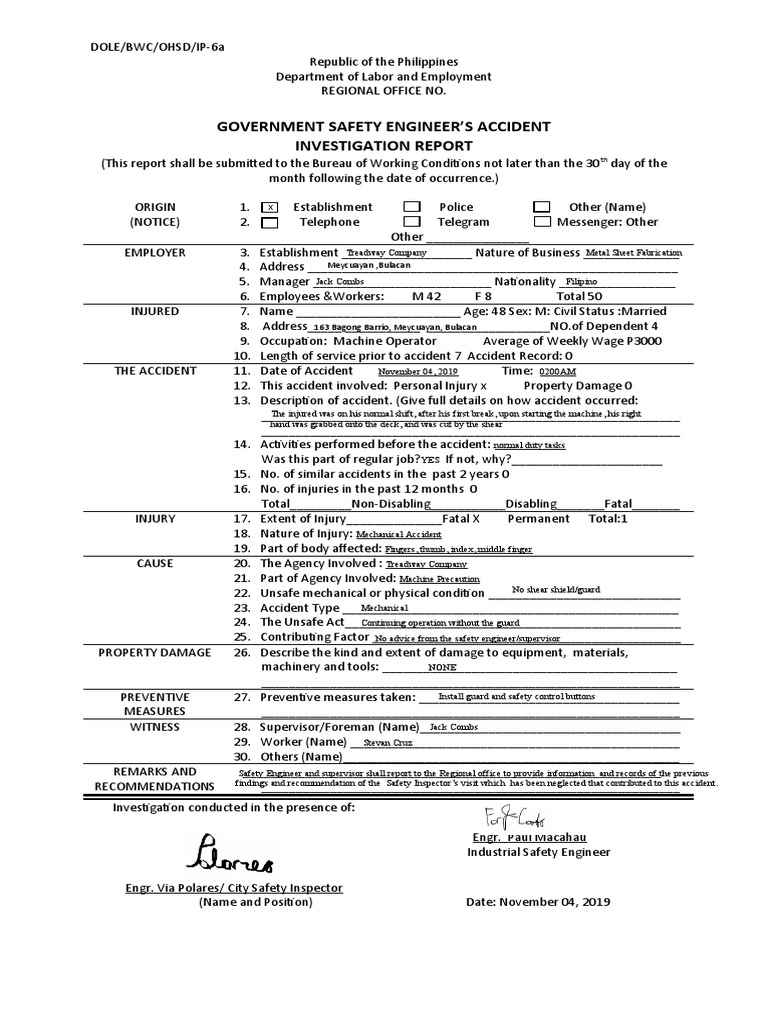 Government Safety Engineer's Accident Report | PDF | Employment ...