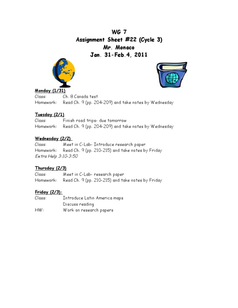 Weekly Assignment Overview for WG 7 | PDF